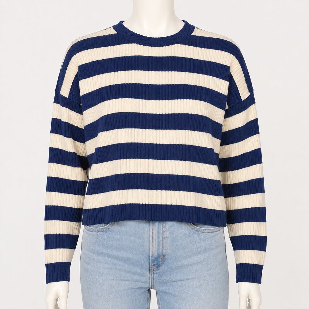 Blue White Striped Ribbed Knit Sweater Small